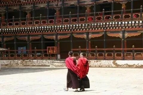 Bhutanese Monks And Landscape